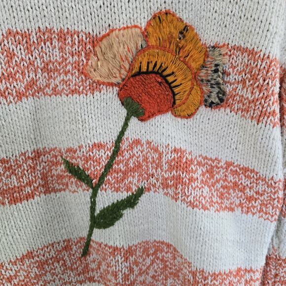Cinzia Pistoia Hand Knit Flower Cotton Crew Sweater Small Orange Striped Cottage - Picture 5 of 9